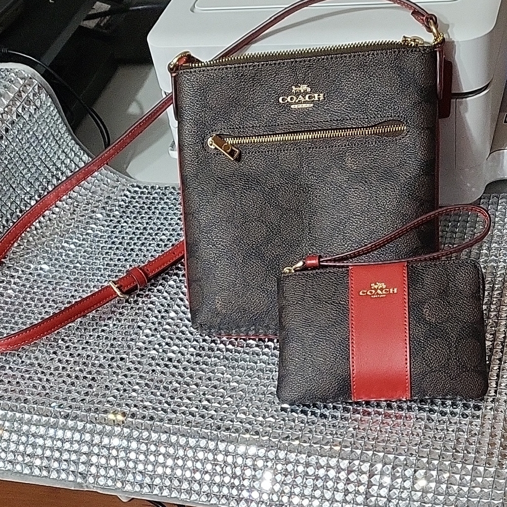 Coach Dark Brown Wristlet and Red Crossbody Bag Set